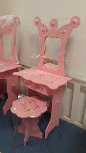 Imagen 2 de 5 de Tocador Infantil Maquillaje Con Espejo Real Banquito Y Cajón
