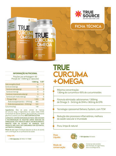True Cúrcuma (95%) + Ômega 3 (1300mg) True Source - Original