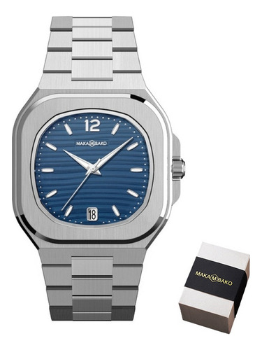 Reloj de pulsera Makambako 5431 de cuerpo color negro, analógico, para hombre, con correa de acero inoxidable color silver y blue y mariposa