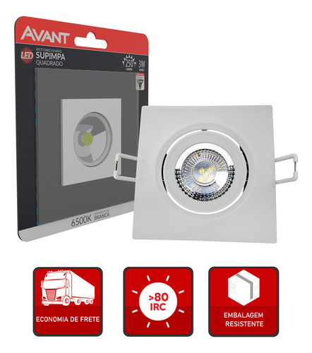 Spot Led 3w Avant Quadrado Branco Direcionável 6500k