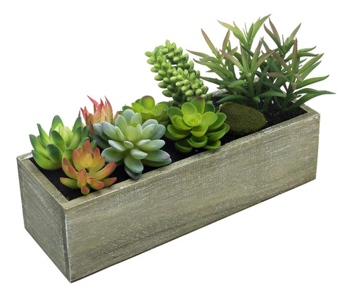 Plantas Suculentas Artificiales Mixtas  En Maceta Rectangula