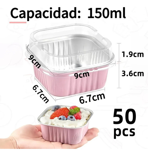 BANNA 50 Molde Para Tarta De Aluminio Desechable Con Tapa+cuchara,5 oz Mini Moldes para Tartas, Moldes Cuadrados de Foil para Tartas de Bodas, Fiestas y Cumpleaños, 9*9*3.5cm,Rosa