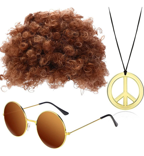 Peluca Hippie De Cosplay Para Adultos, Gafas De Sol, Collar