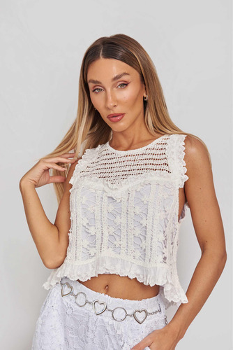 Blusa Remera Tejida Crochet Puntilla Calada Encaje Blanca