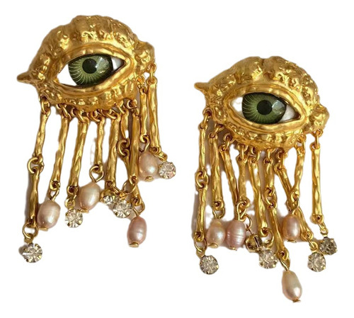 Aretes Con Forma De Ojo Chapados En Oro Con Borlas De Perlas