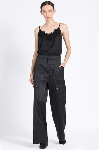 Pantalon  Ancho Satin Cargo, Negro Liola