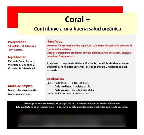 Suplemento Coral + 30 Tabs Calcio De Coral Perro Gato