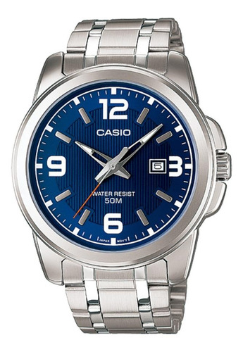 Reloj pulsera Casio MTP-1314 con correa de acero inoxidable color plateado - fondo azul