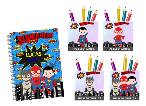 Kit Imprimible Souvenir Cumple Superheroes Portalápiz+hojas