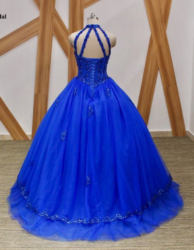 Vestido De Xv 15 Años Azul Rey Escote Halter Importado | Meses sin intereses
