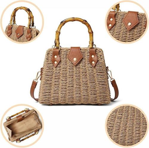 Bolso De Mano De Paja Tejida Con Asa De BambĂș, Correa Cruzad