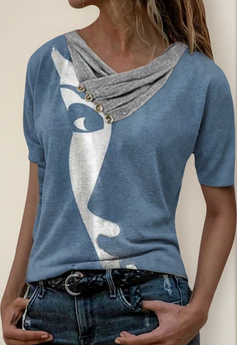Mujer Tops Estampados Con Cuello En V Y Botones De Manga Cor