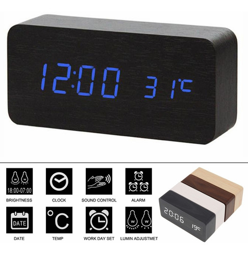 Reloj Despertador Digital Madera Minimalista Led Sensor Voz 