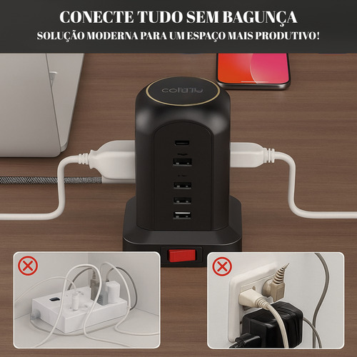 Extensão Tomada De Torre 9tomadas 4usb 2type-c Coibeu Preto