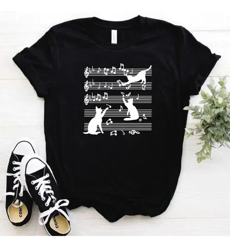 Camiseta Negra, Algodón, Suave Y Fresca Gato Con Notas