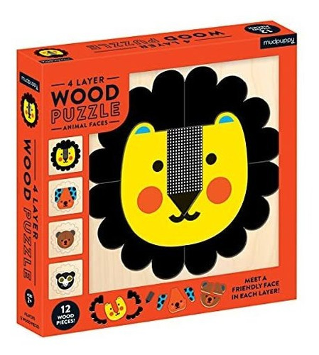 Mudpuppy 4-layer Animal Faces 12piece Wood Jigsaw 5908q