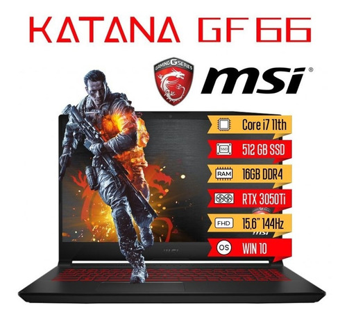 Portátil  Msi Katana Gf66 16gb Core I7 512gb Rtx 3050ti 