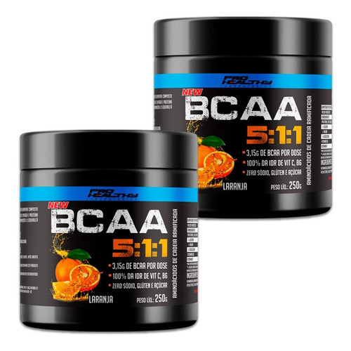 Bcaa 5:1:1 - 2x Potes De 250g - Kit Bcaa Em Pó - Pro Healthy Sabor Laranja