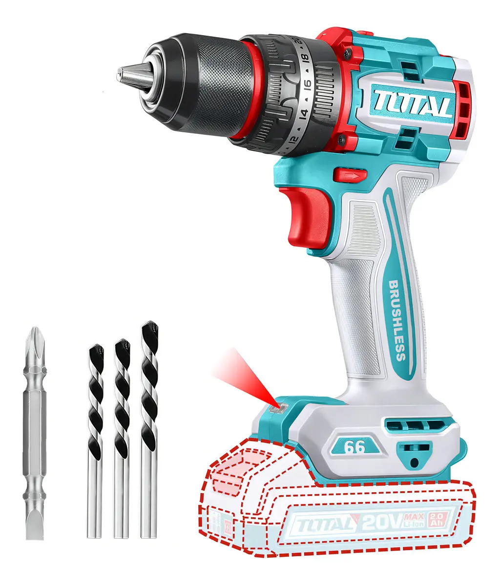 Taladro Percutor Y Atornillador Inalámbrico Total 20v, Industrial, Motor Sin Carbones - Mandril 13mm, 66NM - Con Mechas Y Punta - No Incluye Batería Ni Cargador - TIDLI206681