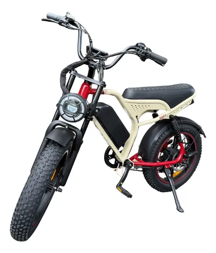 Bicicleta elétrica BW1 NFC Pro de 1000W com design robusto, quadro bege e detalhes em vermelho, vista frontal angular.