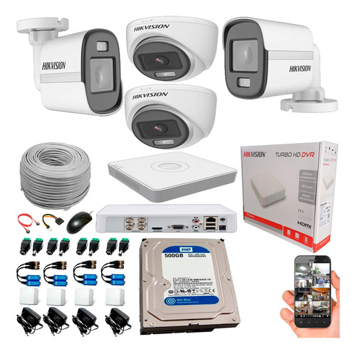 Kit Hikvision  Dvr 4 Ch+ 4 Cámaras Color Vu