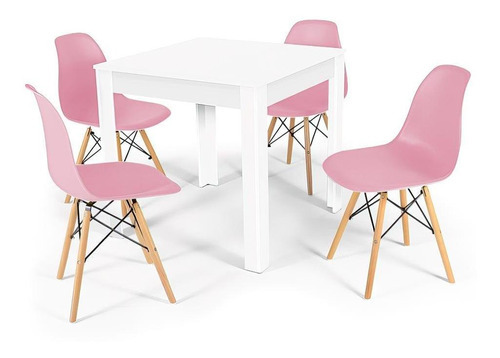 Mesa De Jantar Sofia Branca 80x80cm + 4 Cadeiras Eiffel Cor Rosa