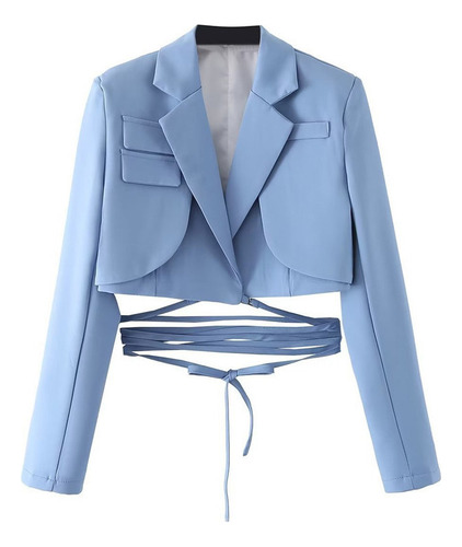 Blazer Corto De Color Liso Con Cordón En La Cintura