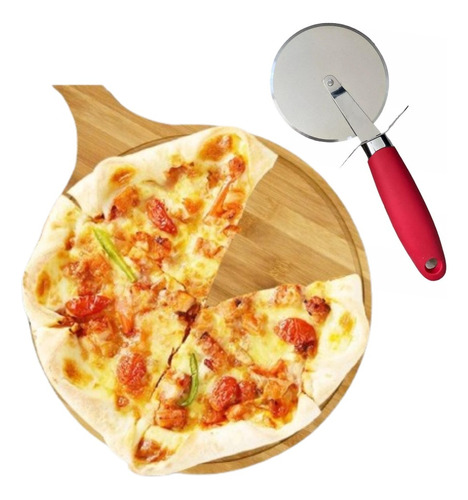 Tabla De Madera 30cm Para Pizza + Cortador Rebanador Pizza