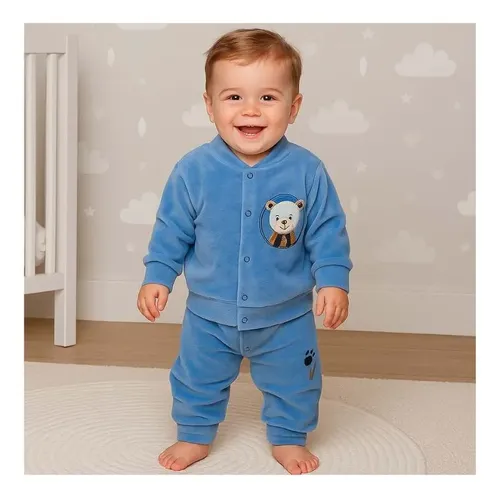 Conjunto Longo Infantil Plush Premium Bordado Urso Panda