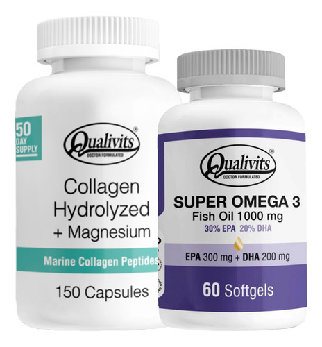 Colágeno Con Magnesio 150cap + Super Omega 3 60cap Qualivits Sabor Natural