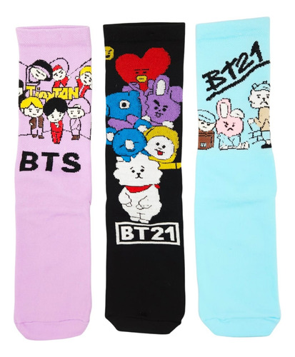 Calcetas Bts Bt21 3 Pares Agua Rosa Negro Estampado 22-28