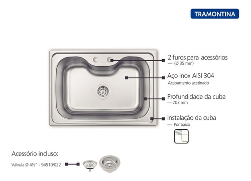 Cuba para cozinha simple Tramontina Morgana 60 FX Undermount de aço inoxidável color inox acetinado fosco