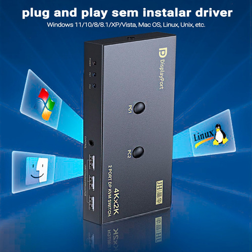 Chaveador Switch Kvm Display Port 2x1 Displayport 4k Usb