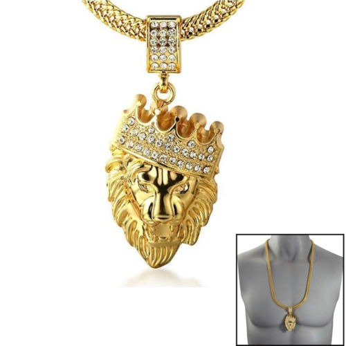18 K Oro Corona Plateado León Varonil Cabeza Colgante Collar