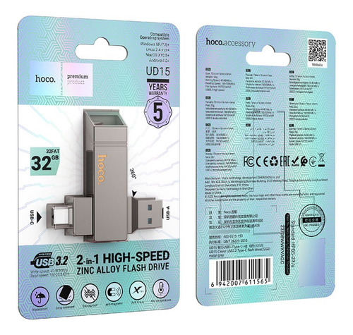 Pendrive Dual Tipo C Usb 3.0 Hoco Ud15 32 Gb Metal