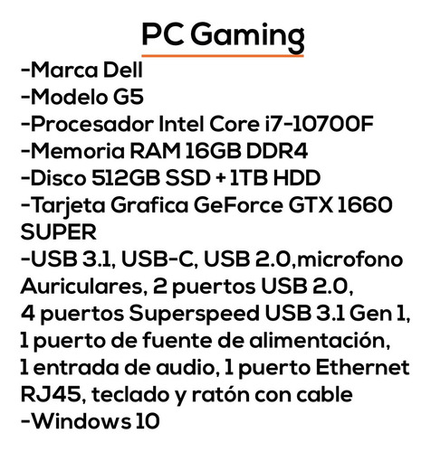Imagen 4 de 7 de Computadora Gaming Dell G5 I7 Gtx 1660 16gb 512b+1tb Bagc