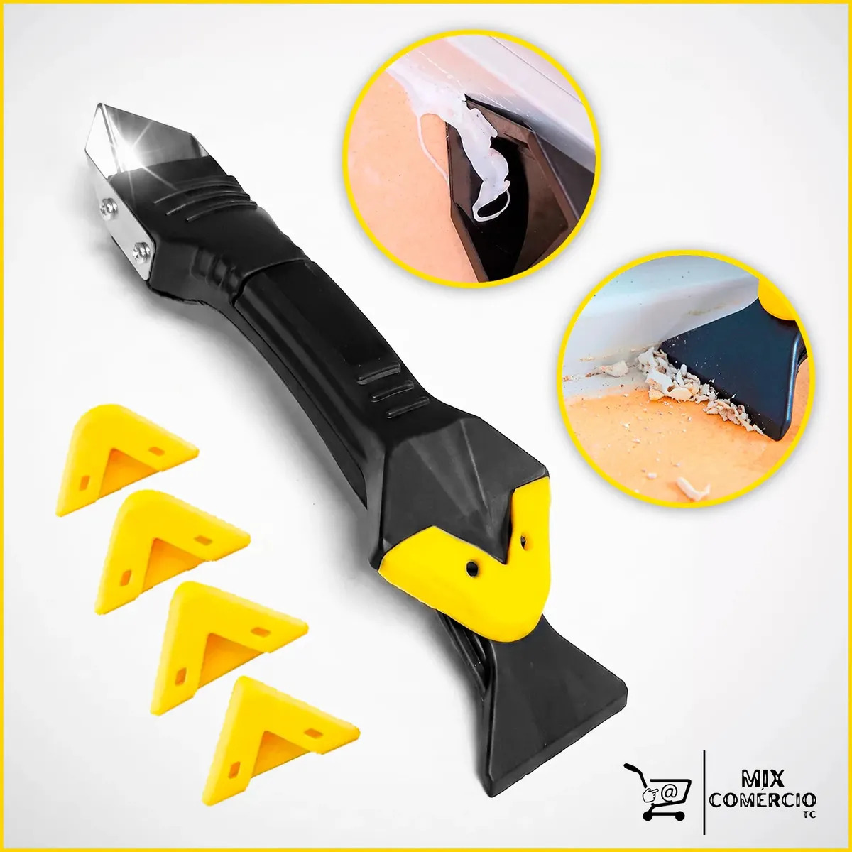 Espátula para Silicone Rejunte Calafetagem 3 em 1 Removedor e Aplicador de Selante com Raspador Inox Ferramenta Multifuncional de Acabamento Profissional para Banheiro Cozinha Pia Box Azulejo Piso