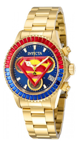 Pulseira de relógio Invicta 41268 Dc Comics Quartz Lady, cor dourada, moldura, cor de fundo vermelho/azul, cor de fundo azul/vermelho