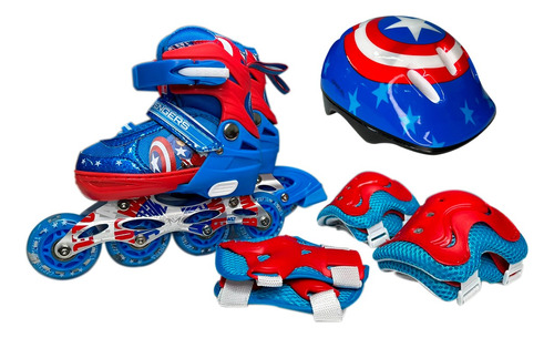 Kit Patines Ajustables Capitán América Niños + Casco Protecc