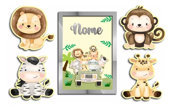 Quadro Decorativo 5 Peças Safari Baby Criança Quarto De Bebê