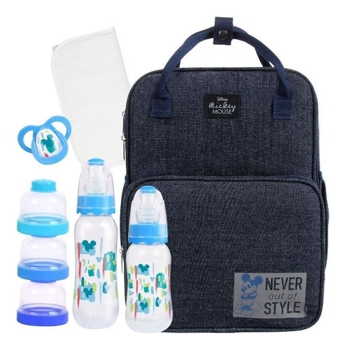 Kit Bolsa Mochila Maternidade Paternidade - Mickey Disney Az Cor Azul Desenho do tecido Liso