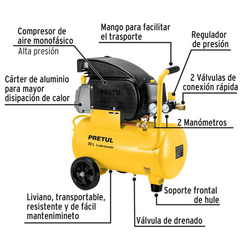 Imagen 3 de 4 de Compresor de aire eléctrico Pretul COMP-20LP monofásico 20L 2 1/2 HP 120V 60Hz amarillo