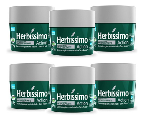 6 Desodorante Creme Herbissimo Action Antitranspirante 55g