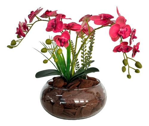 Arranjo 4 Orquídeas Vaso Vidro Redondo Mesa Jantar Sala Deco