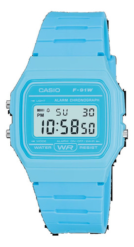 Reloj Casio Vintage F-91wc-2a Celeste Digital Clasico Color Del Fondo Gris