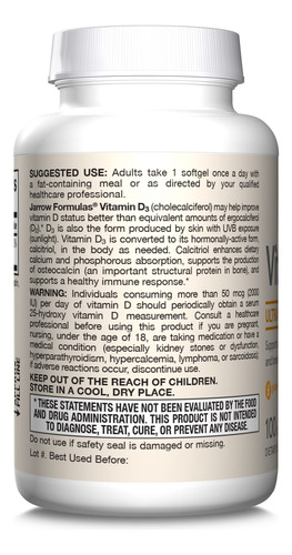 Suplemento Jarrow Formulas Vitamina D3 2500 Ui Softgels 100