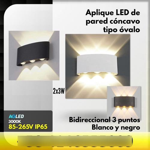 Aplique Led De Pared Concavo Bd 2x3w 3000k 85-265v Ovalo Bl