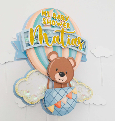 Cake Topper Deco Torta Osito Globo Aerostático Shaker 3d