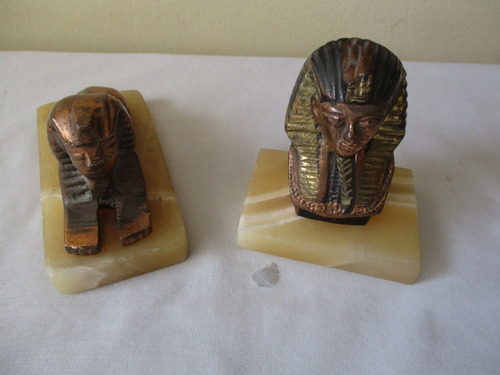 Antiguo Par De Esculturas Pequeñas Egipcias Bronce Marmol