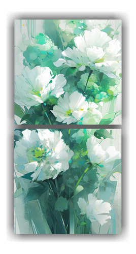 160x80cm Cuadro Díptico Floral Verde Y Plateado Decorativo